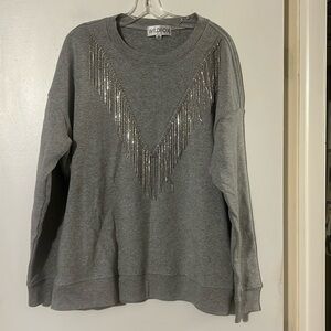 Wildfox oversized grey crew neck sweatshirt with rhinestone fringe